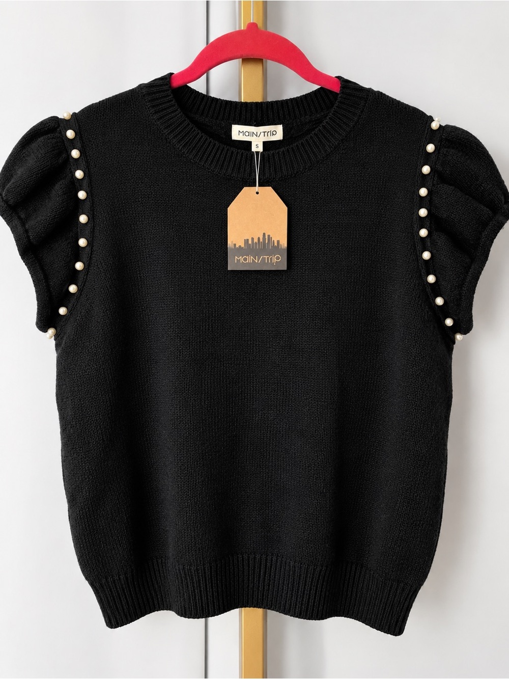 Main Strip Black Sweater with Pearl-Trim Puff Sleeves